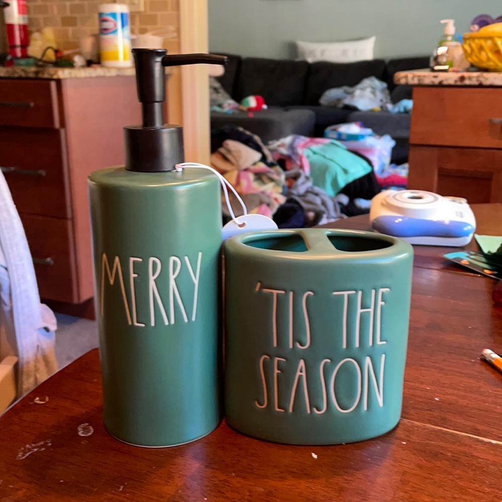 Rae Dunn green merry and tis the season bathroom set